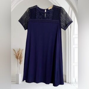 LOFT Navy Knit Swing Dress with Floral Lace. S